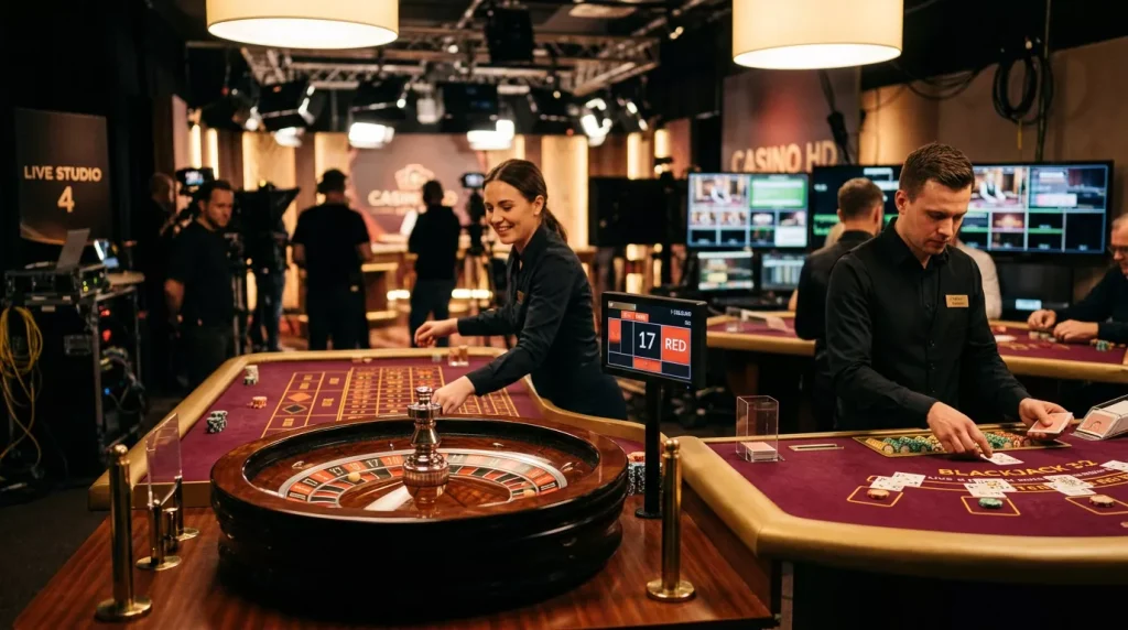 Mesa de ruleta y blackjack iluminada en estudio profesional de casino en vivo