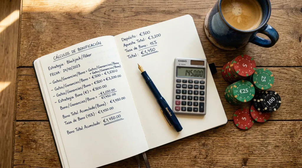 Cuaderno de notas con cálculos y fichas de casino sobre superficie ordenada