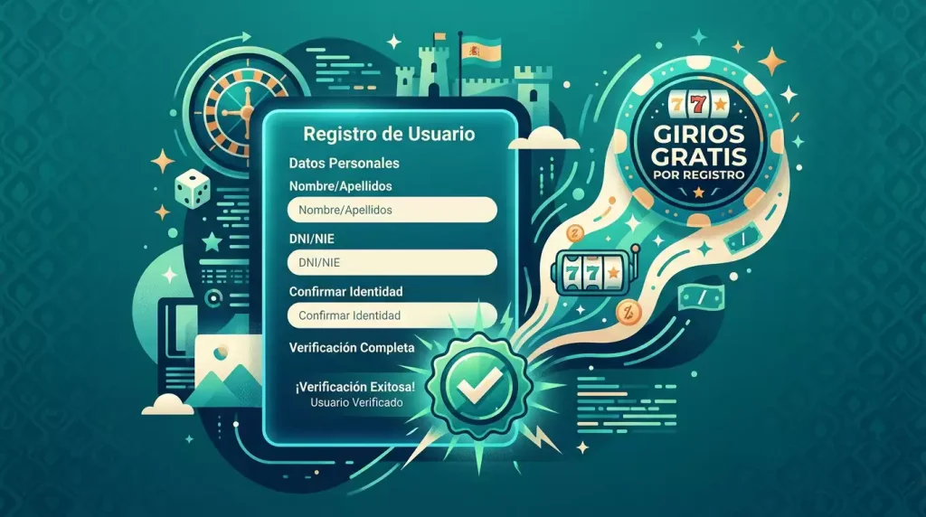 Ilustración conceptual de formulario de registro con icono de giros estilizados, sin marcas comerciales