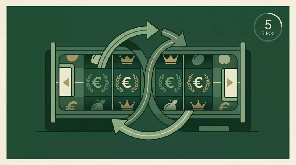 Ilustración conceptual de rodillos de tragamonedas estilizados con flechas de giro, sin marcas comerciales