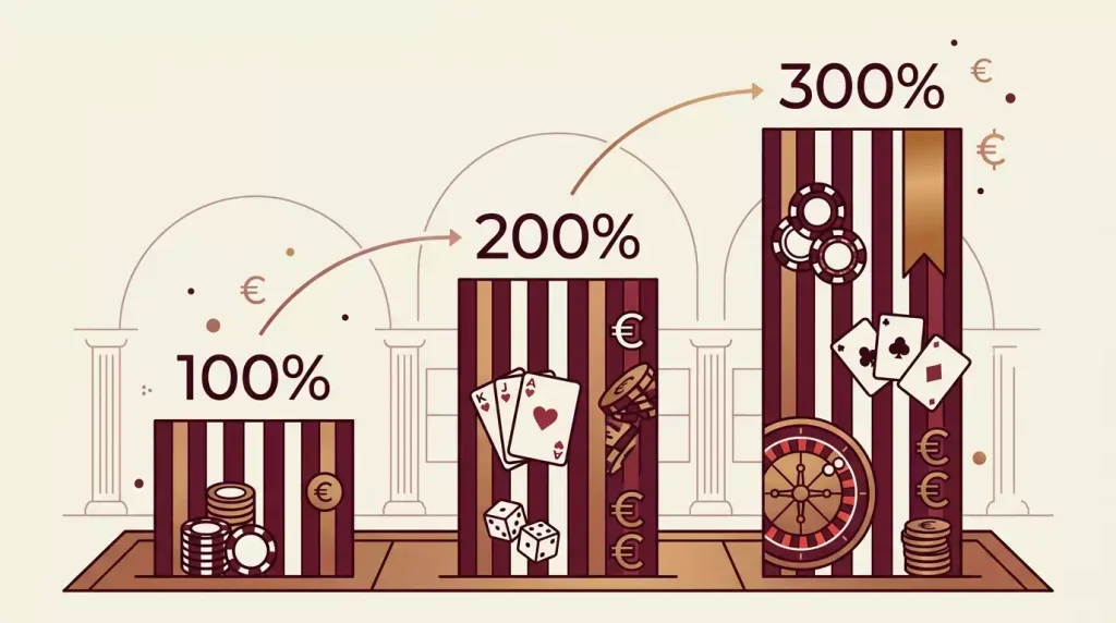 Ilustración conceptual de tres barras de porcentaje creciendo, sin marcas comerciales