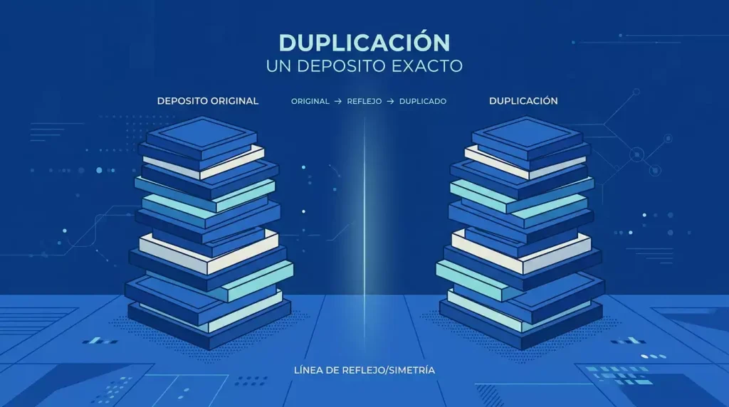 Ilustración conceptual de duplicación: una pila de fichas reflejada formando una pila idéntica, sin marcas comerciales