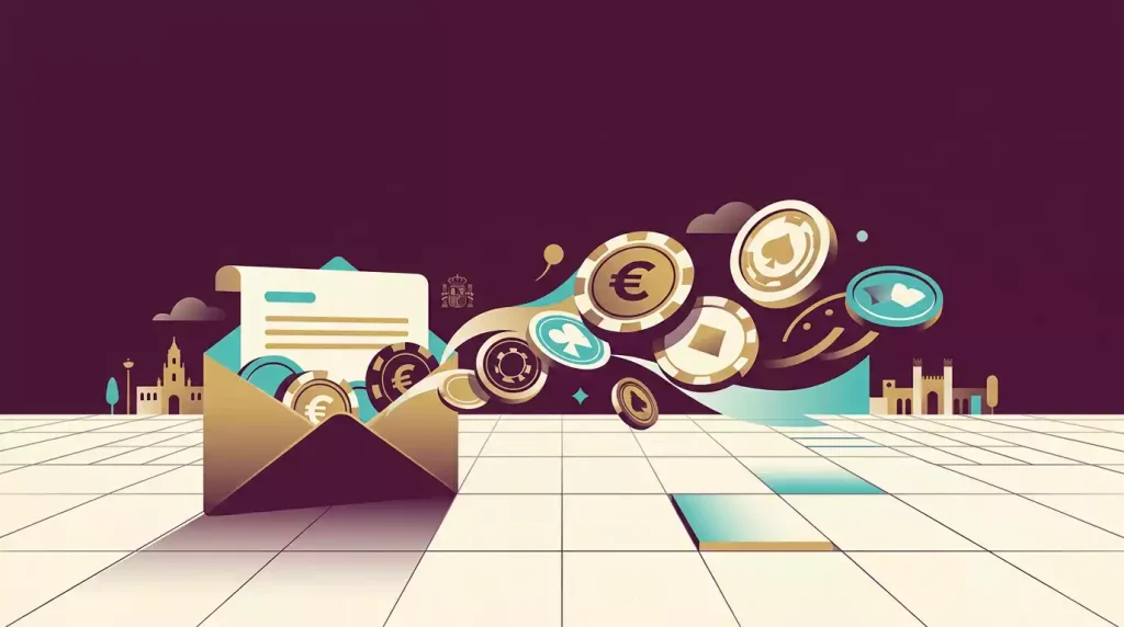 Ilustración conceptual de monedas saliendo de un sobre digital, sin marcas comerciales