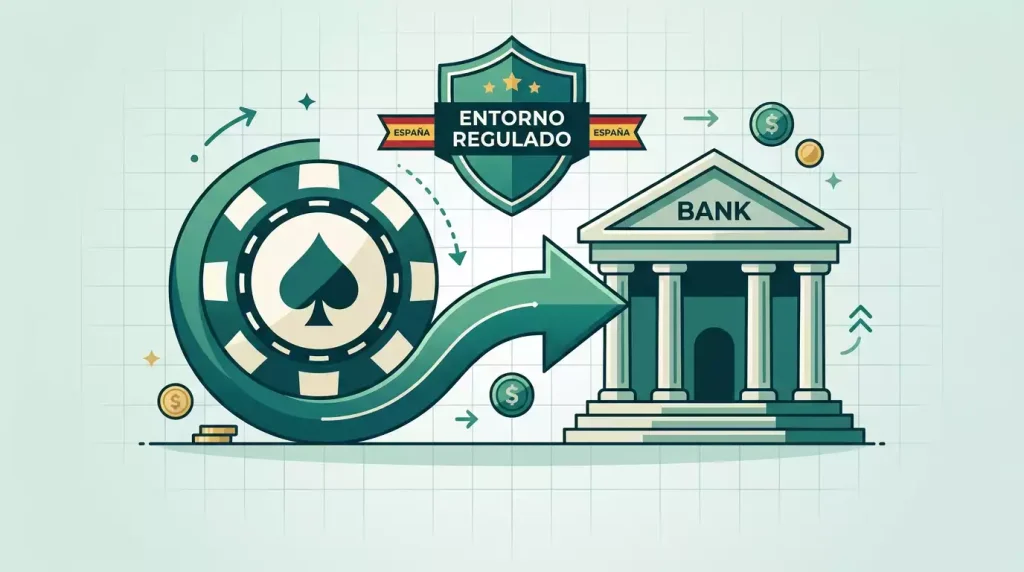 Ilustración conceptual de fichas convirtiéndose en una transferencia bancaria, sin marcas comerciales
