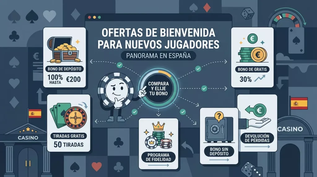 Ilustración conceptual de un panel de bienvenida con varias opciones, sin marcas comerciales