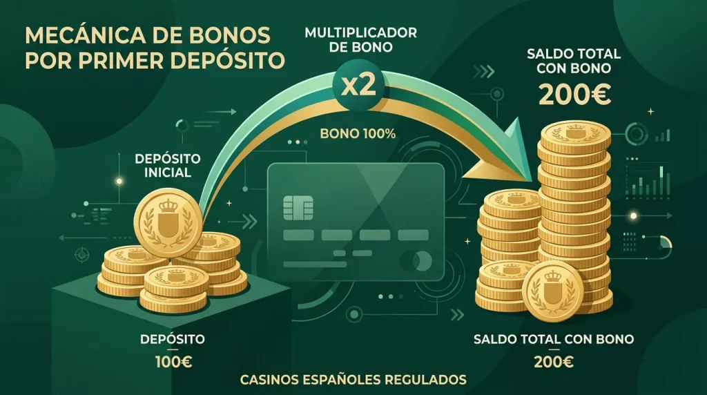 Ilustración conceptual de fichas duplicándose tras un primer ingreso, sin marcas comerciales