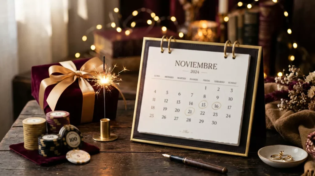 Calendario marcado con fechas especiales y fichas de casino sobre superficie elegante