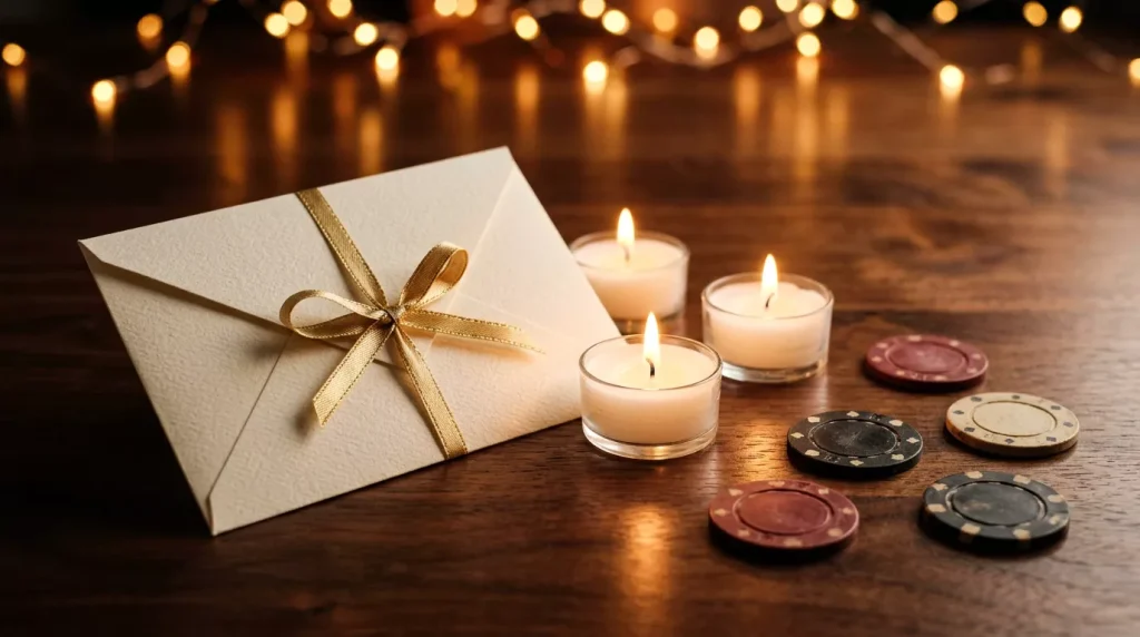 Sobre con cinta dorada y velas pequeñas sobre superficie elegante