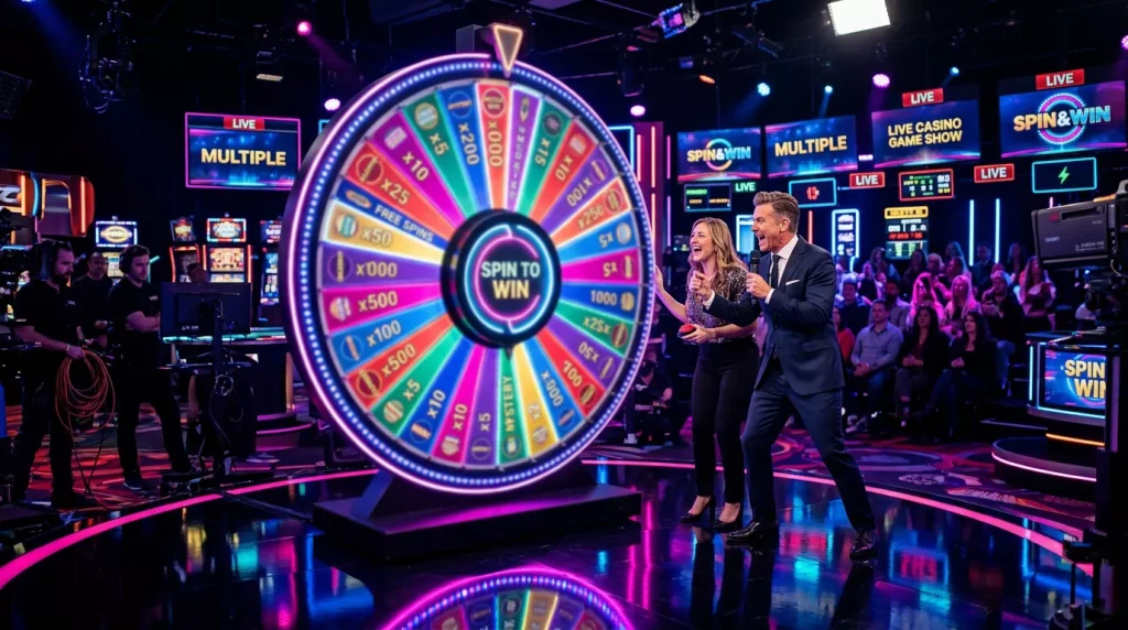 Estudio profesional de game show de casino con rueda iluminada y atmósfera televisiva