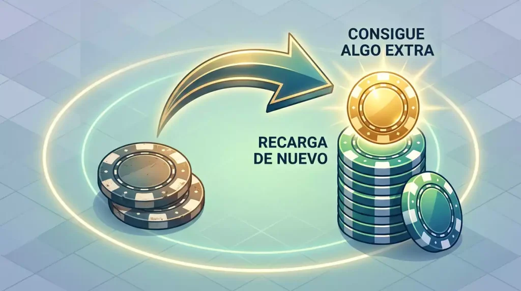 Concepto visual del bono de recarga aplicado a un depósito posterior al inicial en un casino online