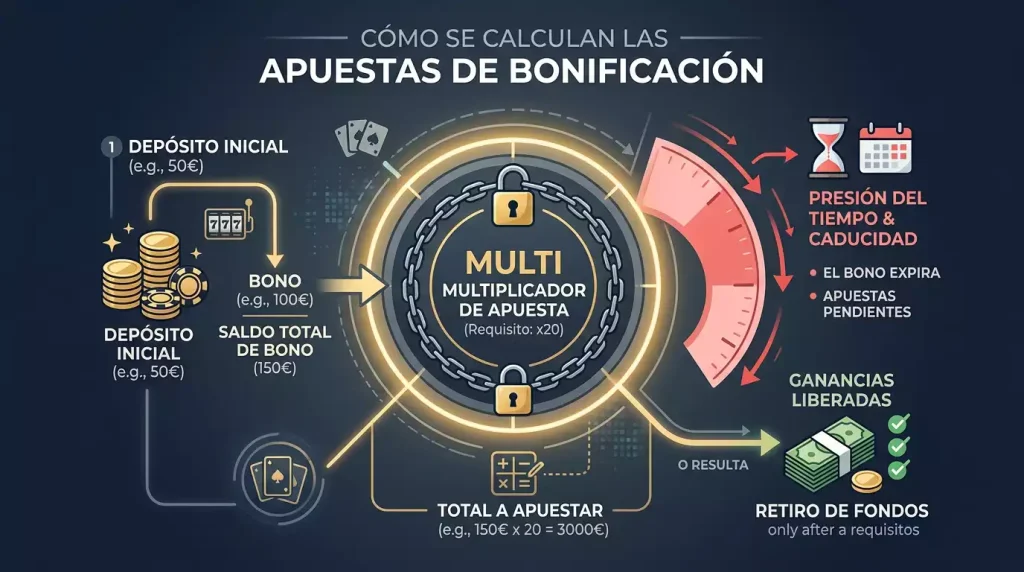 Esquema visual del cálculo de rollover en bonos de casino online