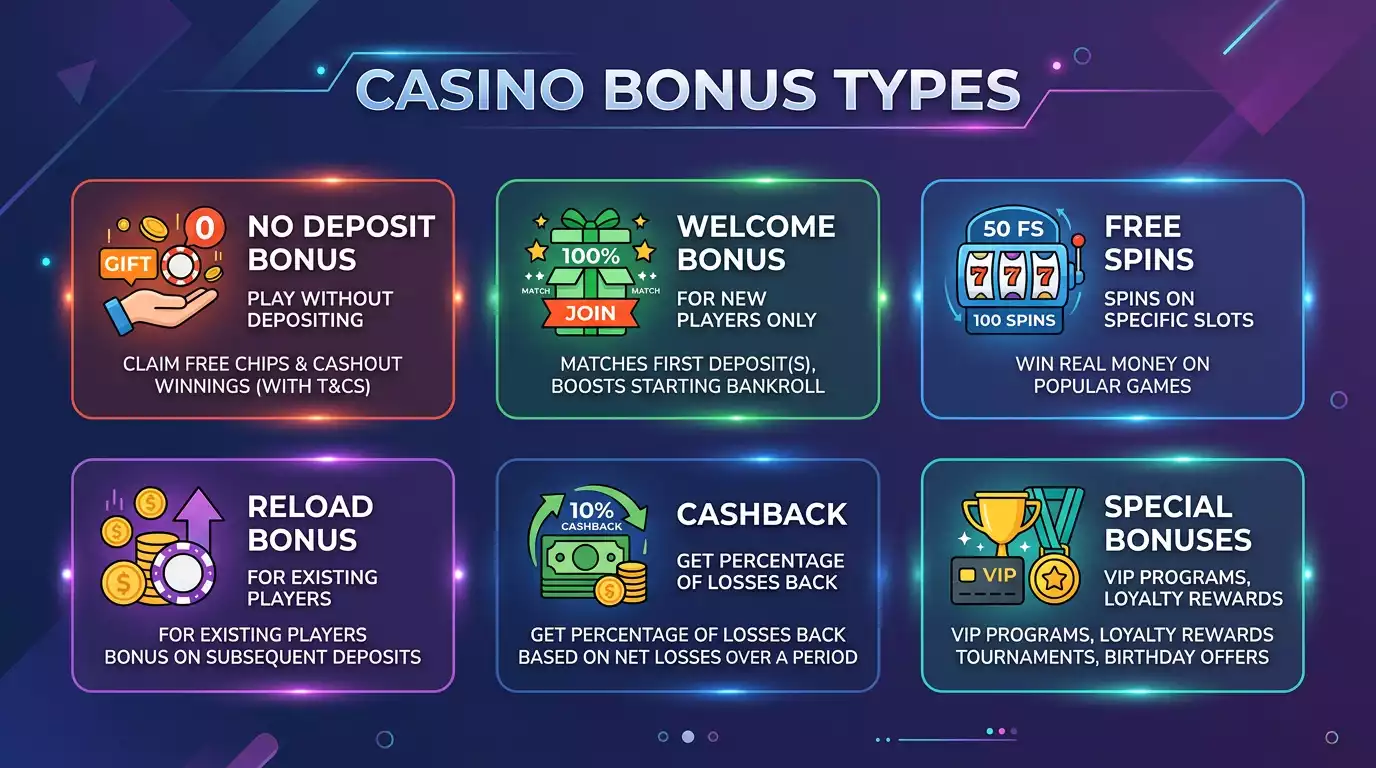 Esquema editorial que clasifica los tipos de bonos de casino: sin depósito, bienvenida, giros gratis, recarga, cashback y especiales