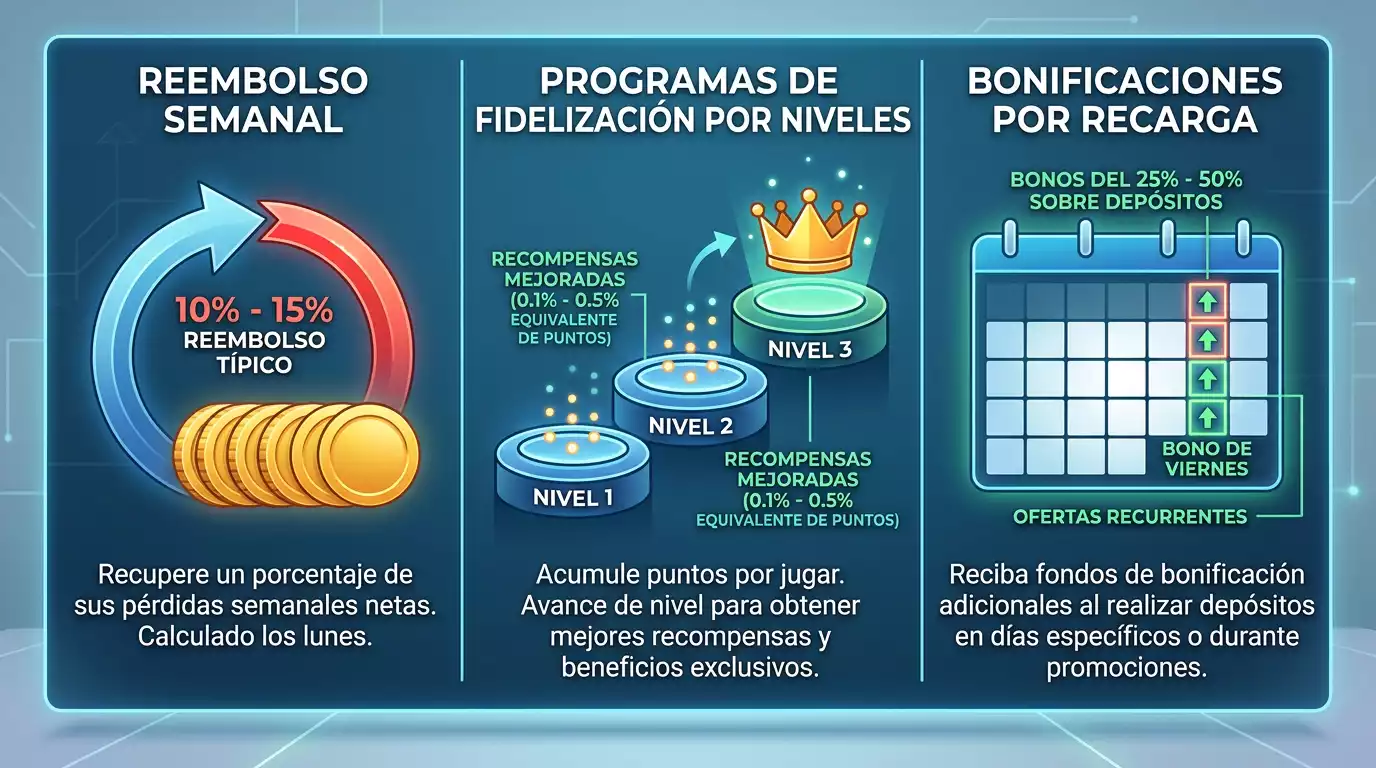 Comparativa visual entre cashback semanal, programa de fidelidad por niveles y bono de recarga, con los porcentajes habituales del mercado español