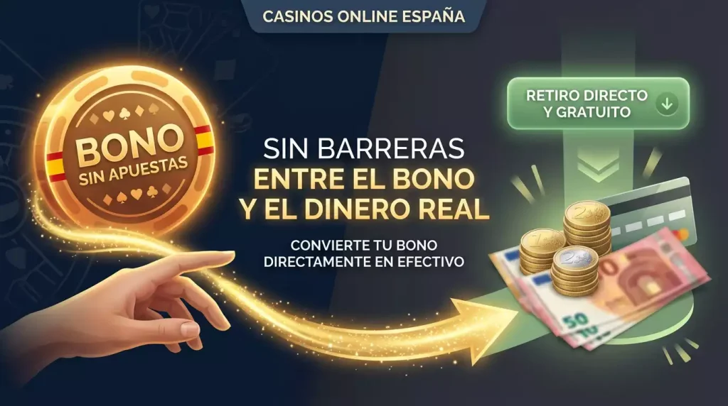 Concepto visual de un bono sin requisitos de apuesta convertido directamente en saldo real